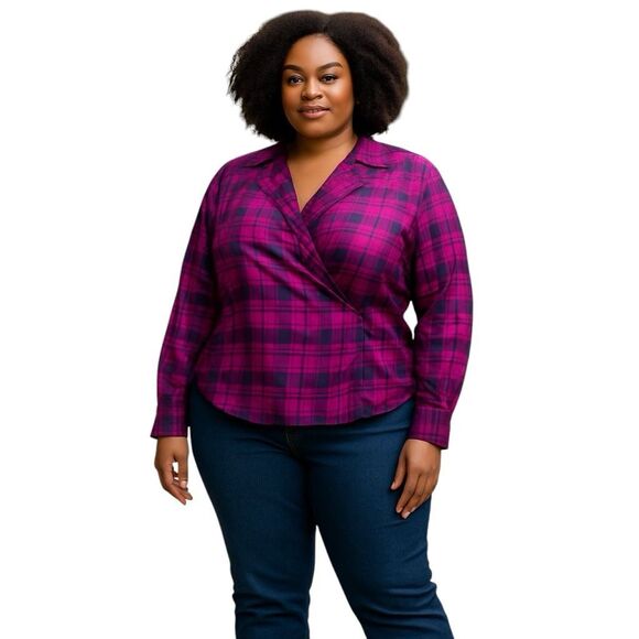 Silk Worthington Wrap Blouse In Fuchsia And Purple Plaid Plus Size 18 - Picture 1 of 8